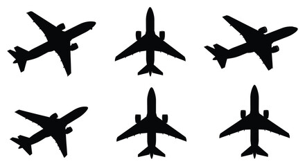 Six Airplane Silhouettes in Various Angles, Flat vector