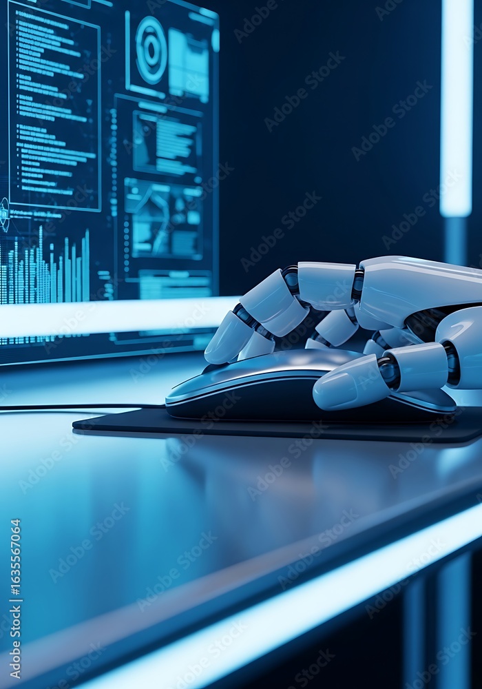 Poster robotic hand interacting with computer interface robot hand