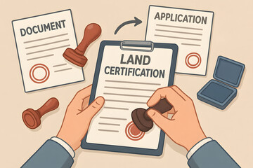 Land Certification: Illustration of hands stamping a land certification document, showcasing the formal process of land application and documentation.