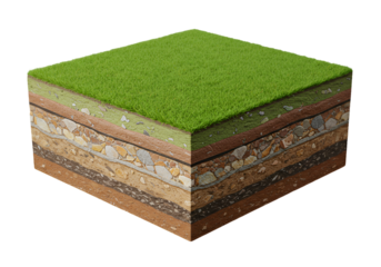 Realistic 3D Illustration of Soil Layer Cross Section with Green Grass on Top