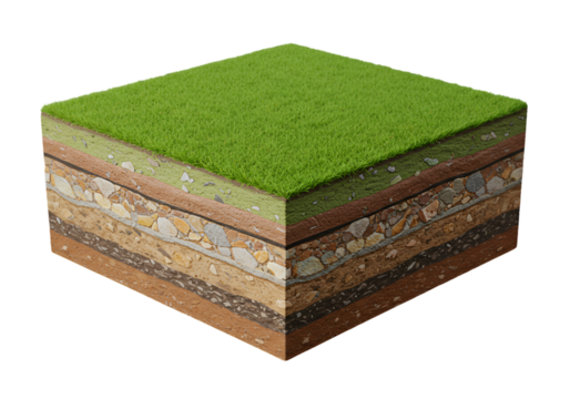 Realistic 3D Illustration of Soil Layer Cross Section with Green Grass on Top - Powered by Adobe