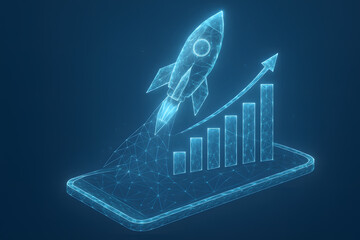 Digital Launch: A striking illustration of a rocket blasting off from a mobile phone, soaring upward with a growth chart, symbolizing the potential of digital innovation.