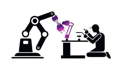 Automation manufacturing robot assembly line industry production process and worker collaboration concept