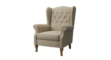 Realistic 3D Render Of A Beige Wingback Armchair Isolated On Black Background