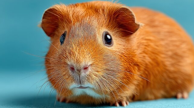 Ginger guinea pig rests peacefully on a sky-blue background near a flea larva model
