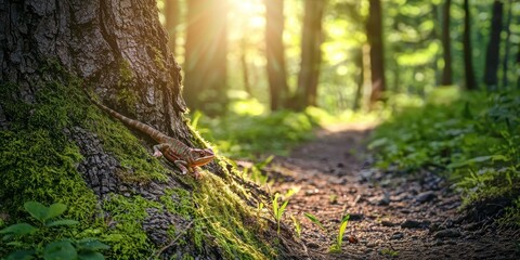Obraz premium A sunlit forest path with a chameleon blending into a moss-covered tree trunk