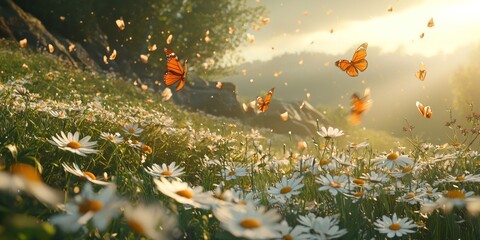 A sunlit hillside filled with blooming daisies and butterflies drifting in the breeze