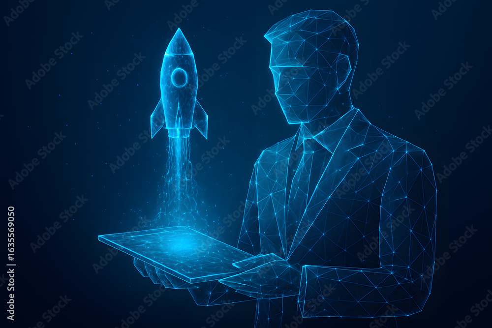 Poster digital ascent: a futuristic illustration portrays a person in a suit using a tablet to launch a roc