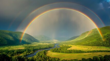 Fototapeta premium Vibrant double rainbow arching over an emerald green valley with crystal-clear streams, creating a breathtaking scene for nature parks, scenic drives, and outdoor adventures.