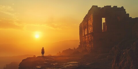 A sunrise over ruins, with a figure standing in silent awe before an ancient wall