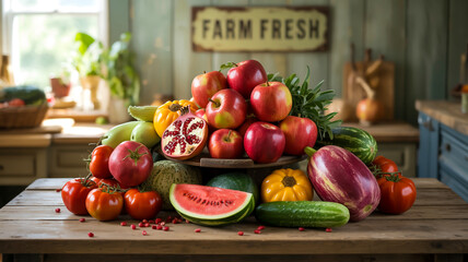 A watercolor illustration of various fresh fruits and vegetables arranged in a horizontal layout against a white background.