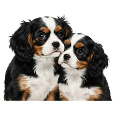 Realistic Illustration of Two Cavalier King Charles Spaniel Puppies Close Up with Transparent Background