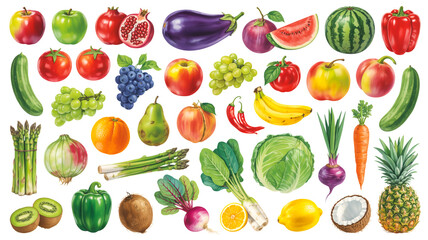 A watercolor illustration of various fresh fruits and vegetables arranged in a horizontal layout against a white background. 

