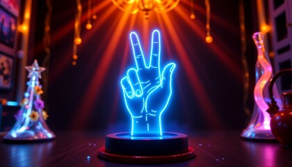 A vibrant neon sign shaped like a peace symbol, situated on a table illuminated with colored lights.