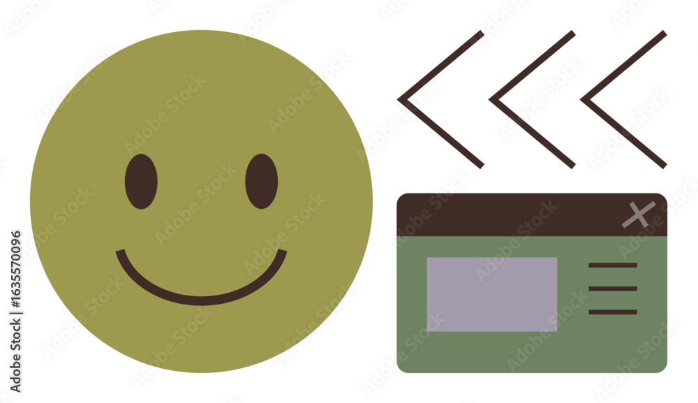 Poster large green happy face, three arrows pointing left, and partially open browser window. ideal for fee