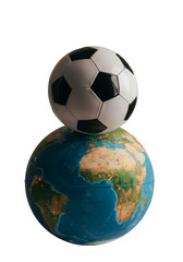 Photo of a Soccer Ball on Top of a Detailed Earth Globe Isolated on Black