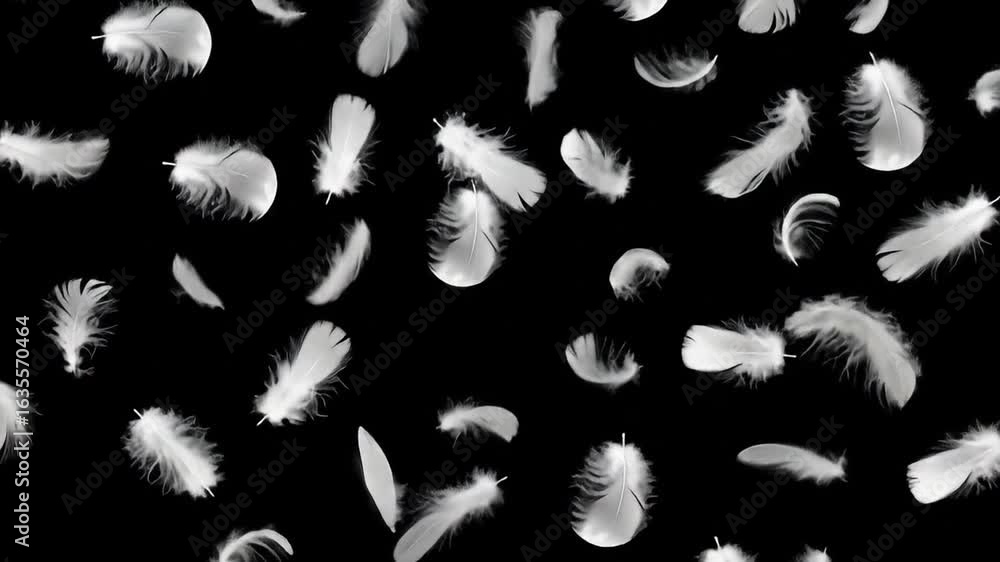 Poster Floating White Feathers on a Black Background With Soft Light and Elegant Design Element for Decoration or Abstract Background