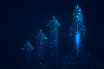 Soaring Ambition: A digitally rendered rocket launches, accompanied by ascending arrows, symbolizing growth, innovation, and the relentless pursuit of success.