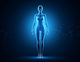 Glowing wireframe female figure, frontal view, dark background