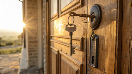 Obraz premium Close up of vintage key hanging from wooden door, capturing warm sunset glow