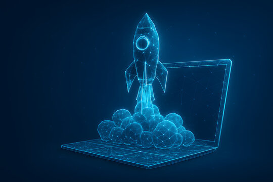 Digital Launch: A vibrant, futuristic depiction of a rocket soaring from a laptop screen, symbolizing innovation, launch, and the dawn of a new digital age.