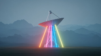 Weather radar icon 8 bit game style, Satellite radar dish with neon lights in 8 bit game style icon under cloudy weather in mountain landscape