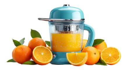 Retro turquoise juicer with fresh oranges and juice isolated on transparent background