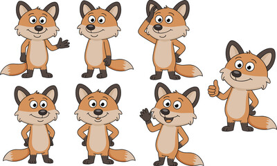 Cute cartoon fox characters, happy fox animals, playful foxes in different poses, smiling fox illustrations, friendly wild animal drawings, kids fun fox