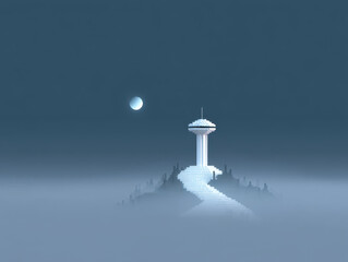 Weather radar icon 8 bit game style, serene 8 bit style game scene with weather radar icon tower on misty hill under glowing moon at night