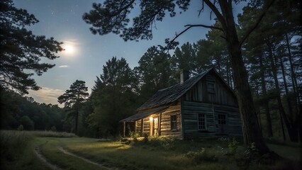 old cabin at night