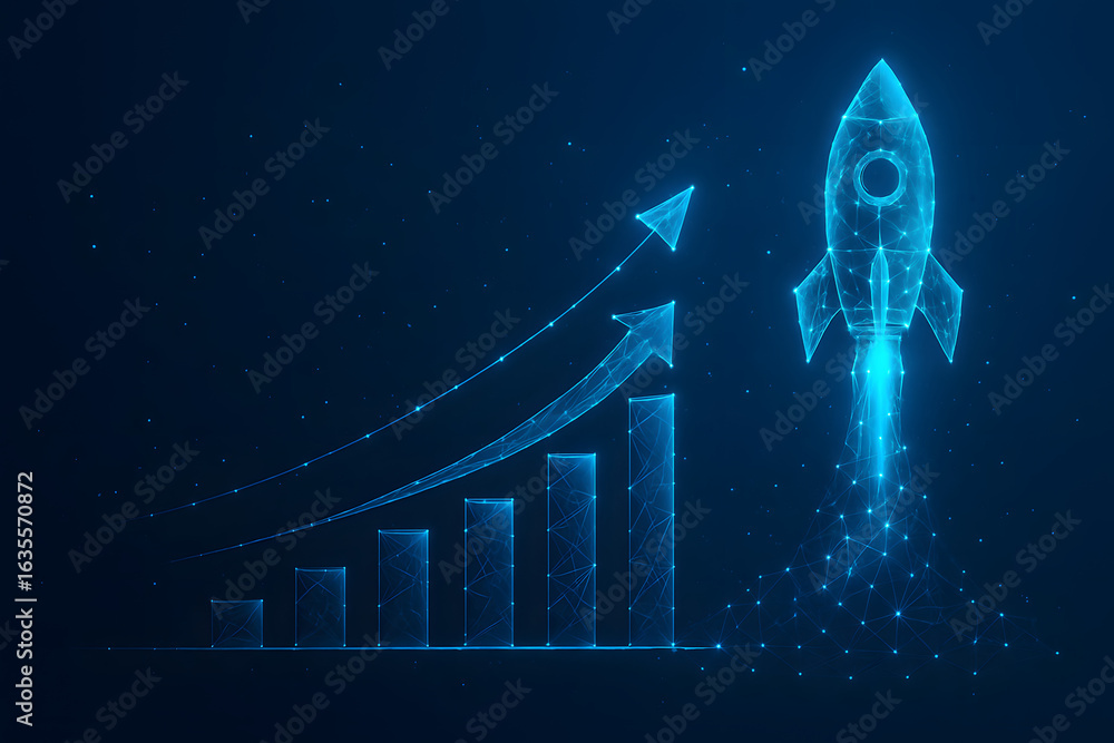 Poster digital growth and innovation: a futuristic depiction of a rocket launching alongside a growth chart