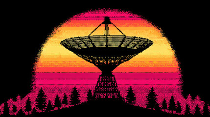 Weather radar icon 8 bit game style, Satellite dish radar icon in 8 bit game style with colorful weather background and pixel art sunset scene