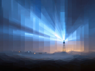 Weather radar icon 8 bit game style, Light tower with pixelated blue beams in 8 bit game style weather radar icon glowing at night