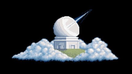 Weather radar icon 8 bit game style, Radar icon in 8 bit game style showing weather detection with pixel art clouds and radar dome emitting signals
