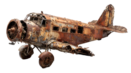 Rusty vintage airplane wreckage isolated on transparent background