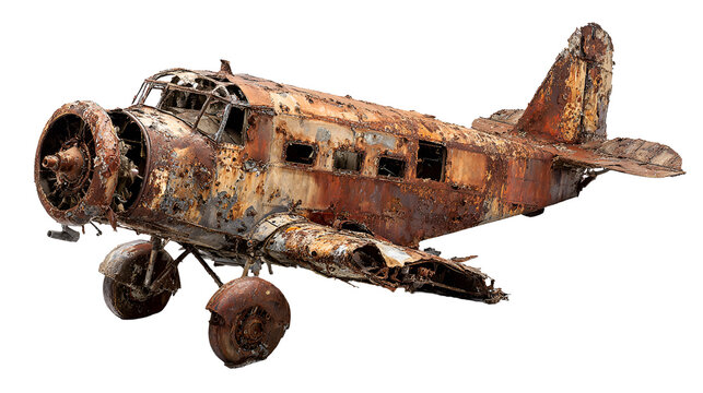 Rusty vintage airplane wreckage isolated on transparent background - Powered by Adobe