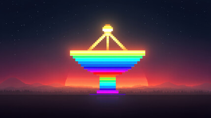 Weather radar icon 8 bit game style, pixelated weather radar icon in 8 bit game style with vibrant rainbow colors and glowing effect at sunset