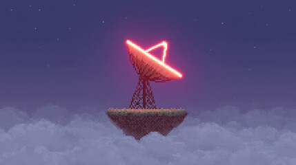Weather radar icon 8 bit game style, Pixel art style weather radar icon glows bright in 8 bit game style above clouds under starry night sky