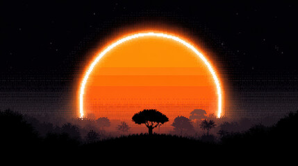 Weather radar icon 8 bit game style, pixelated 8 bit game style sunset with glowing orange sun and silhouetted tree dark landscape weather radar