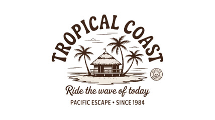 Obraz premium Tropical Coast Hut Palm Trees Vintage Logo Design island beach