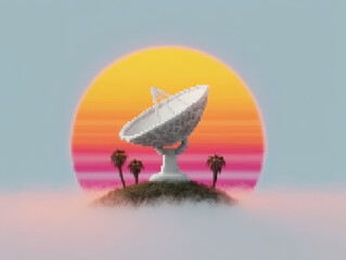 Weather radar icon 8 bit game style, Pixelated 8 bit style radar icon on hill with palm tree and colorful sunset sky in weather game style