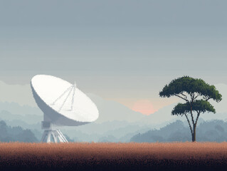 Weather radar icon 8 bit game style, Pixel art style landscape with weather radar icon and 8 bit game style showing satellite dish and tree sunset