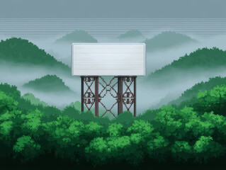 Weather radar icon 8 bit game style, Pixel art style weather radar icon with 8 bit game style showing misty forest and blank billboard foggy