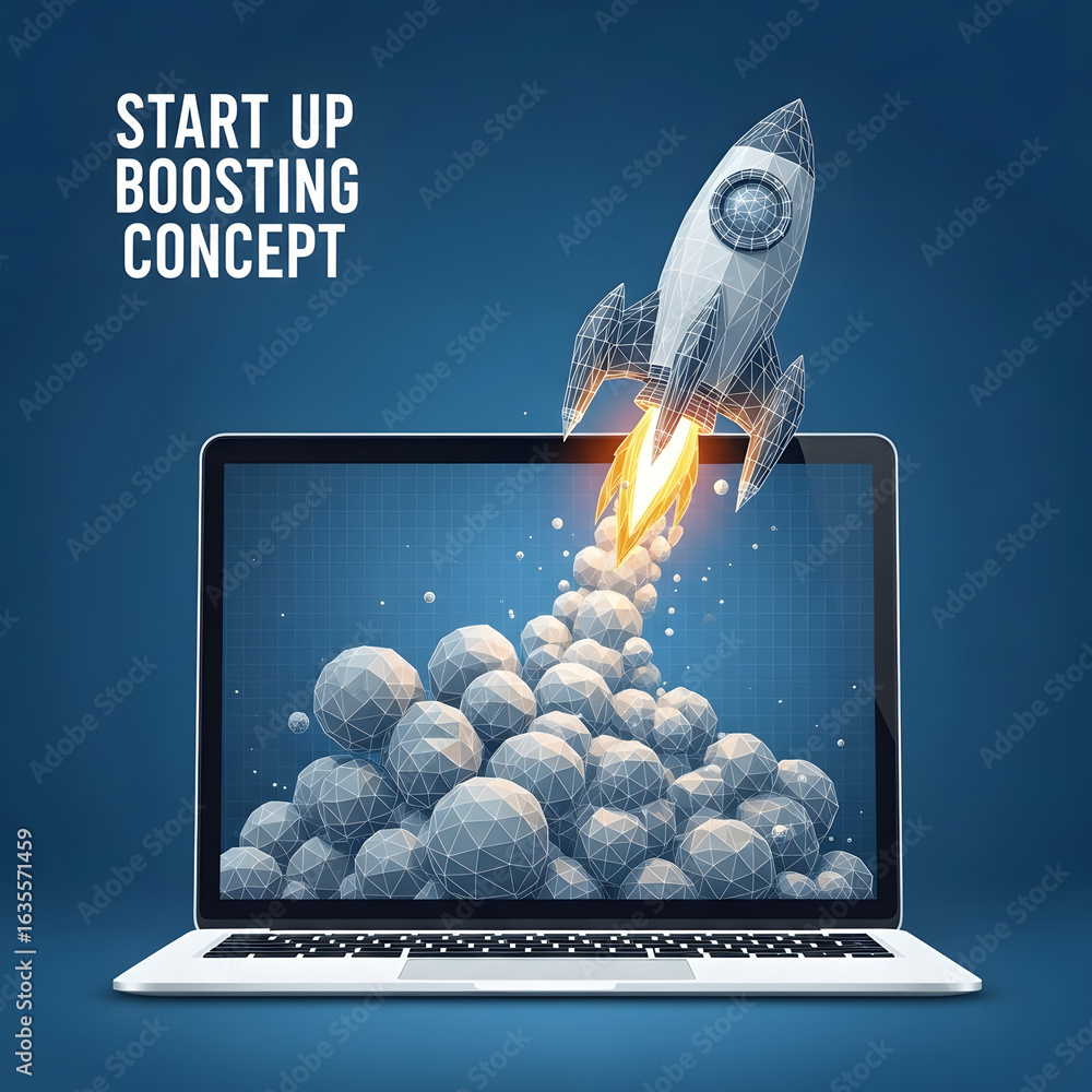 Poster startup boosting concept: a dynamic computer screen comes alive, with a 3d rocket blasting off from 