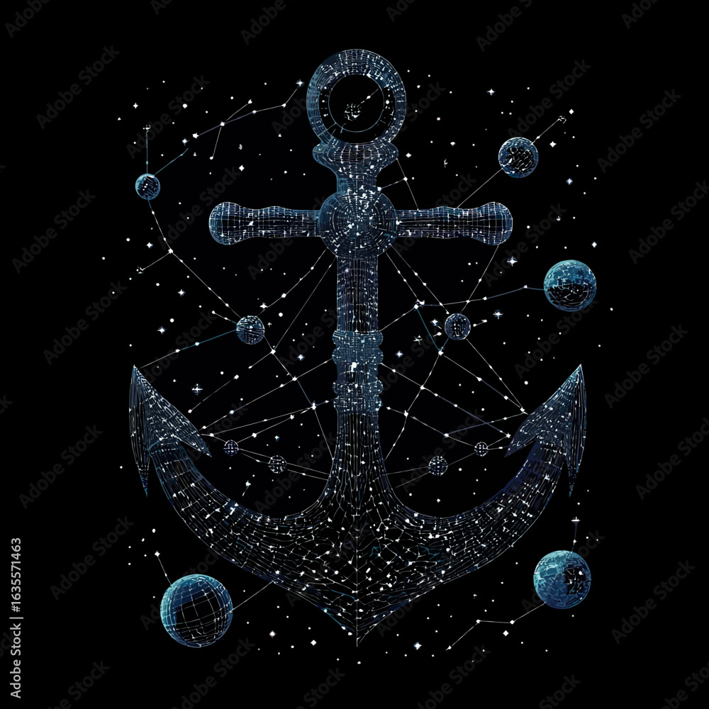 Poster wireframe digital anchor surrounded by interconnected glowing celestial spheres and stars in futuris