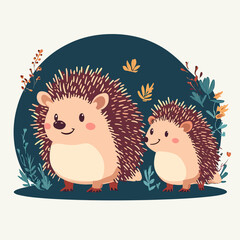 Cute cartoon hedgehog family with mother and baby standing among colorful plants and butterflies in flat vector style nature illustration