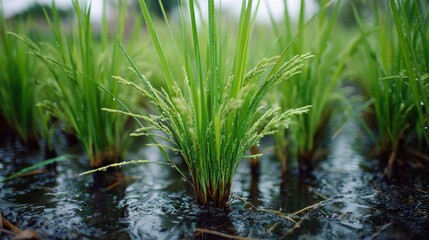 Fototapeta premium Closeup rice plants in watery paddy field
