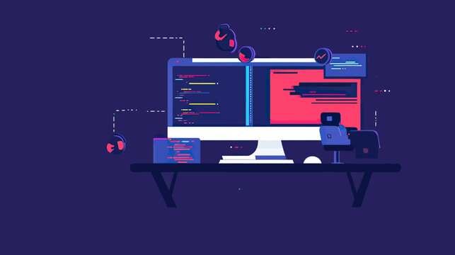 Flat minimalist vector illustration of dual monitor computer setup with code editors open for software development and programming workflow on dark background
