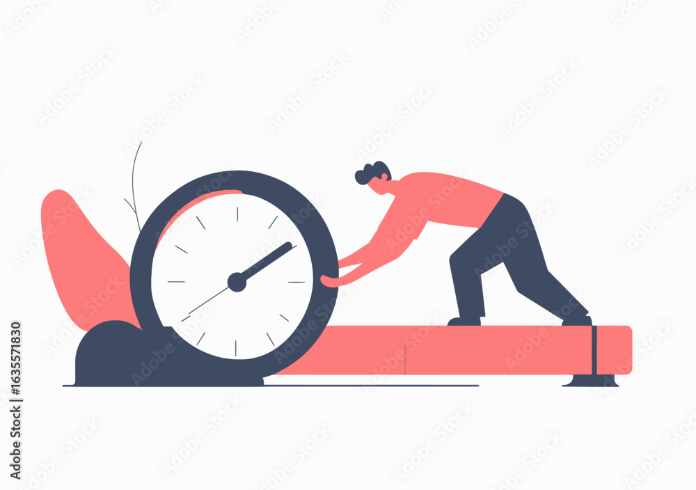 Poster businessman pushing large clock on horizontal progress bar measuring time pressure deadline work cha
