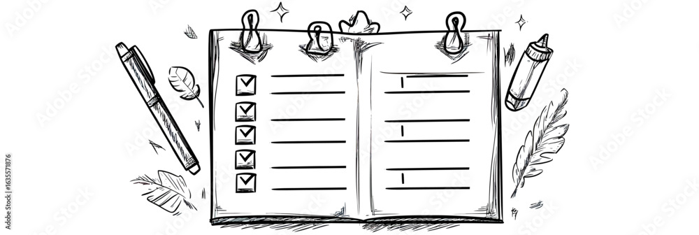 Poster hand drawn sketch open planner notebook with checklist tasks pen feather and glue stick in minimalis